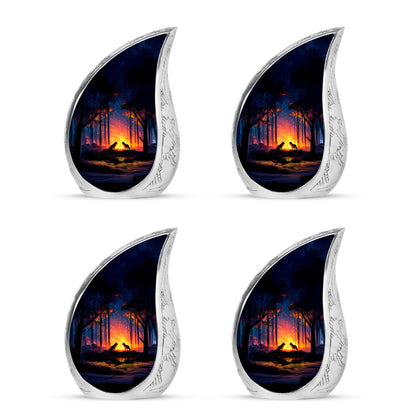 Twilight Blue Campfire Cremation Urn close-up of engraving and surface detail - graceful tear-shaped urn with campfire motif - 10 inch aluminum urn for cremated remains