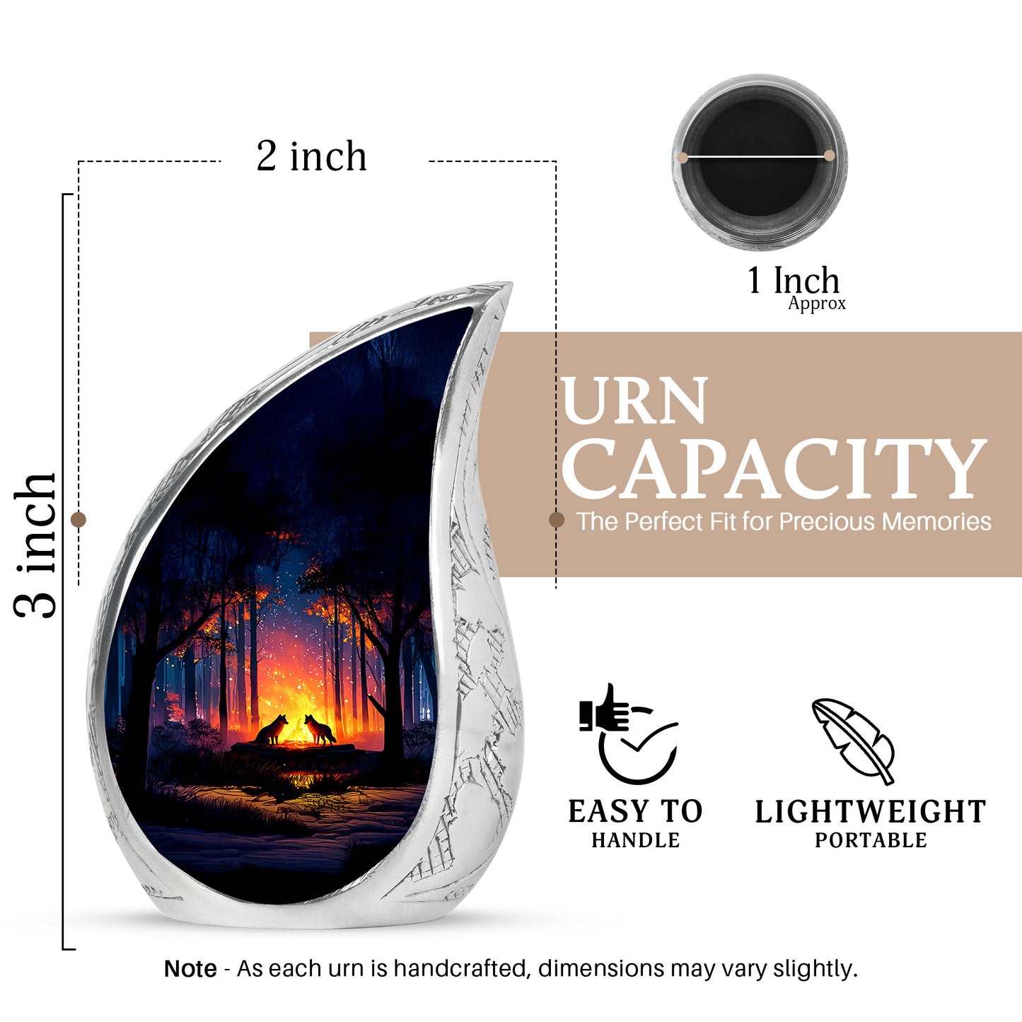 Celestial Blue Campfire Cremation Urn angled view of lid and engraved motif - flowing teardrop campfire silhouette on curved aluminum - mini keepsake memorial for portion of cremation ashes