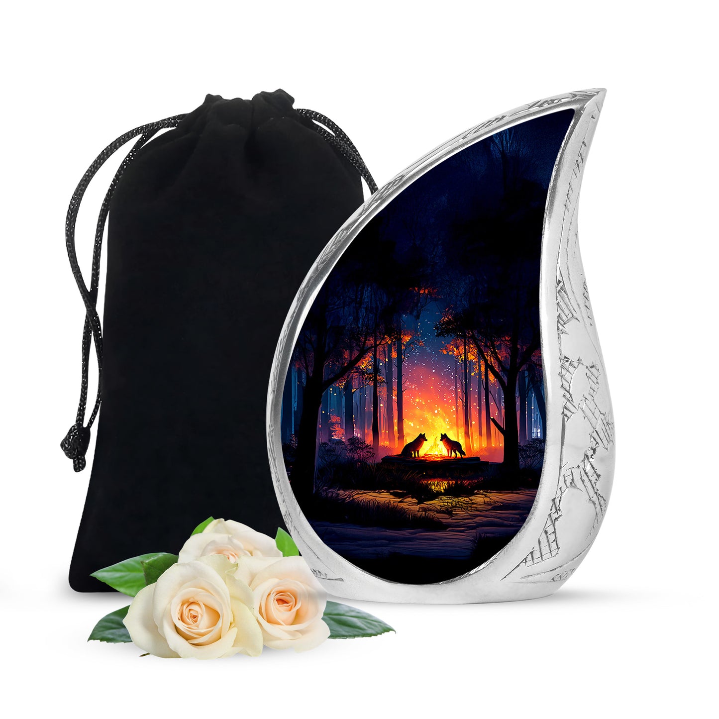 Sky Blue Campfire Cremation Urn front view showing detailed design - rounded teardrop campfire design with delicate detail - full-size 10 inch 200 cubic inch adult cremation urn