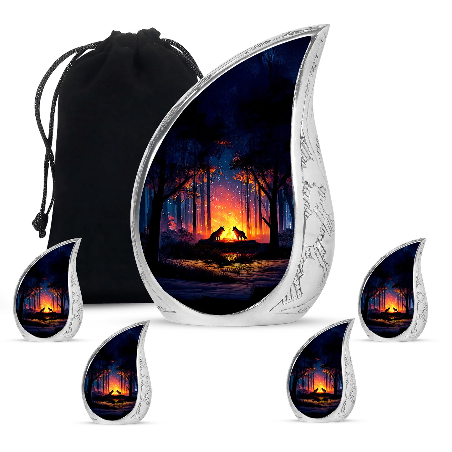 Cornflower Blue Campfire Cremation Urn side profile showing urn shape - smooth teardrop contour featuring campfire art - memorial set with one large and four small urns
