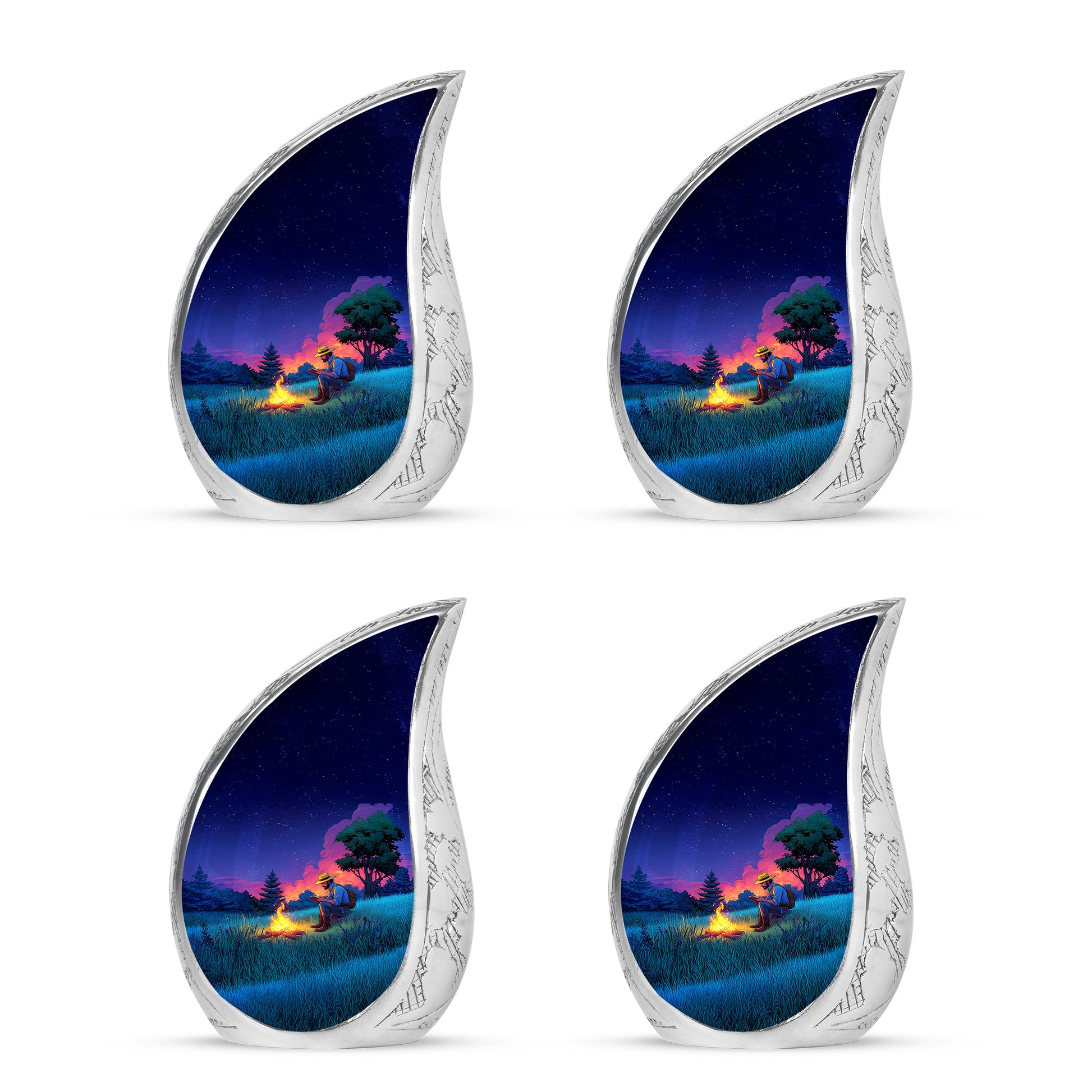 Sapphire Blue Campfire Cremation Urn close-up of engraving and surface detail - smooth teardrop contour featuring campfire art - 10 inch aluminum urn for cremated remains