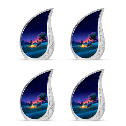 Sapphire Blue Campfire Cremation Urn close-up of engraving and surface detail - smooth teardrop contour featuring campfire art - 10 inch aluminum urn for cremated remains
