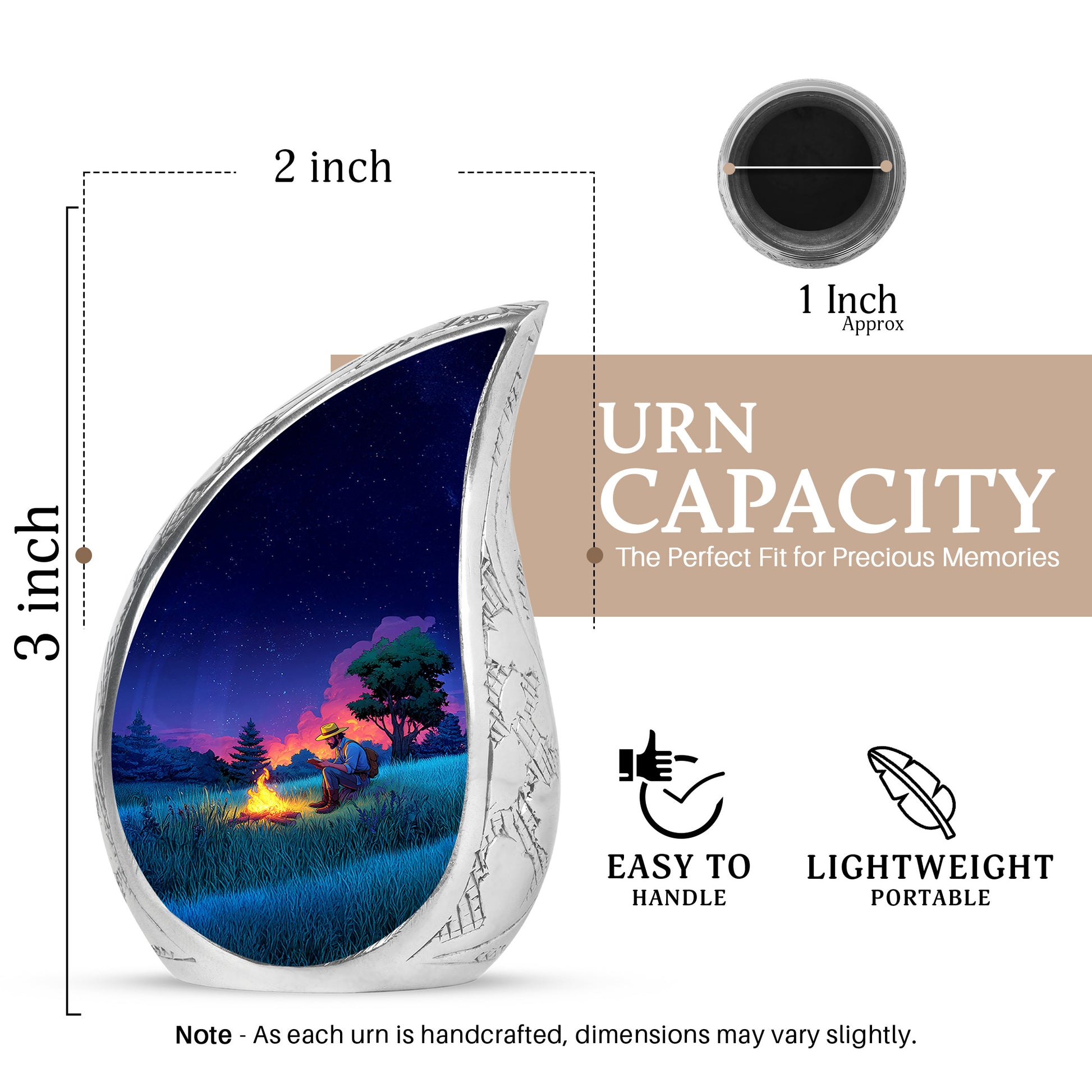 Indigo Campfire Cremation Urn angled view of lid and engraved motif - rounded teardrop campfire design with delicate detail - mini keepsake memorial for portion of cremation ashes