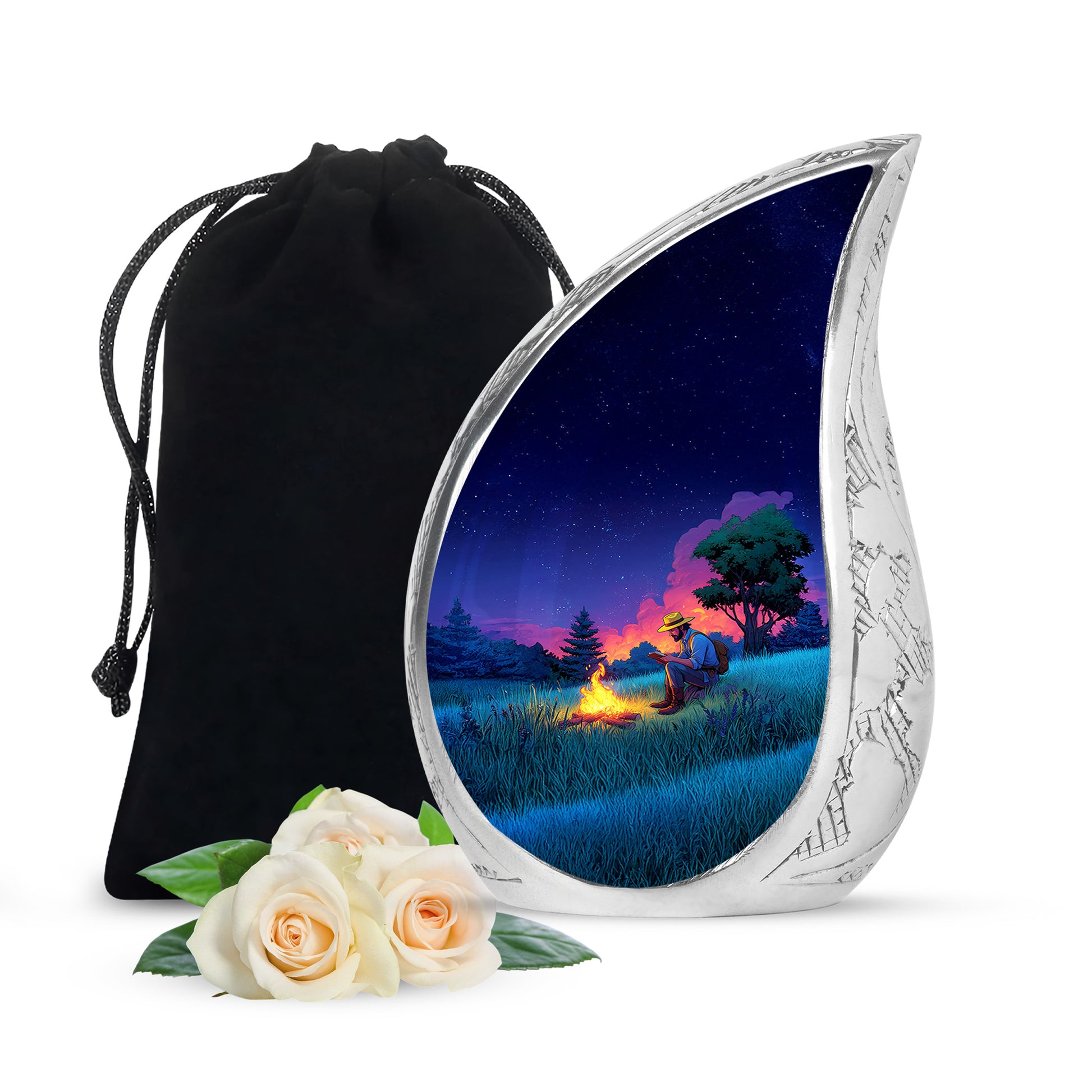Navy Blue Campfire Cremation Urn front view showing detailed design - rounded teardrop campfire design with delicate detail - full-size 10 inch 200 cubic inch adult cremation urn