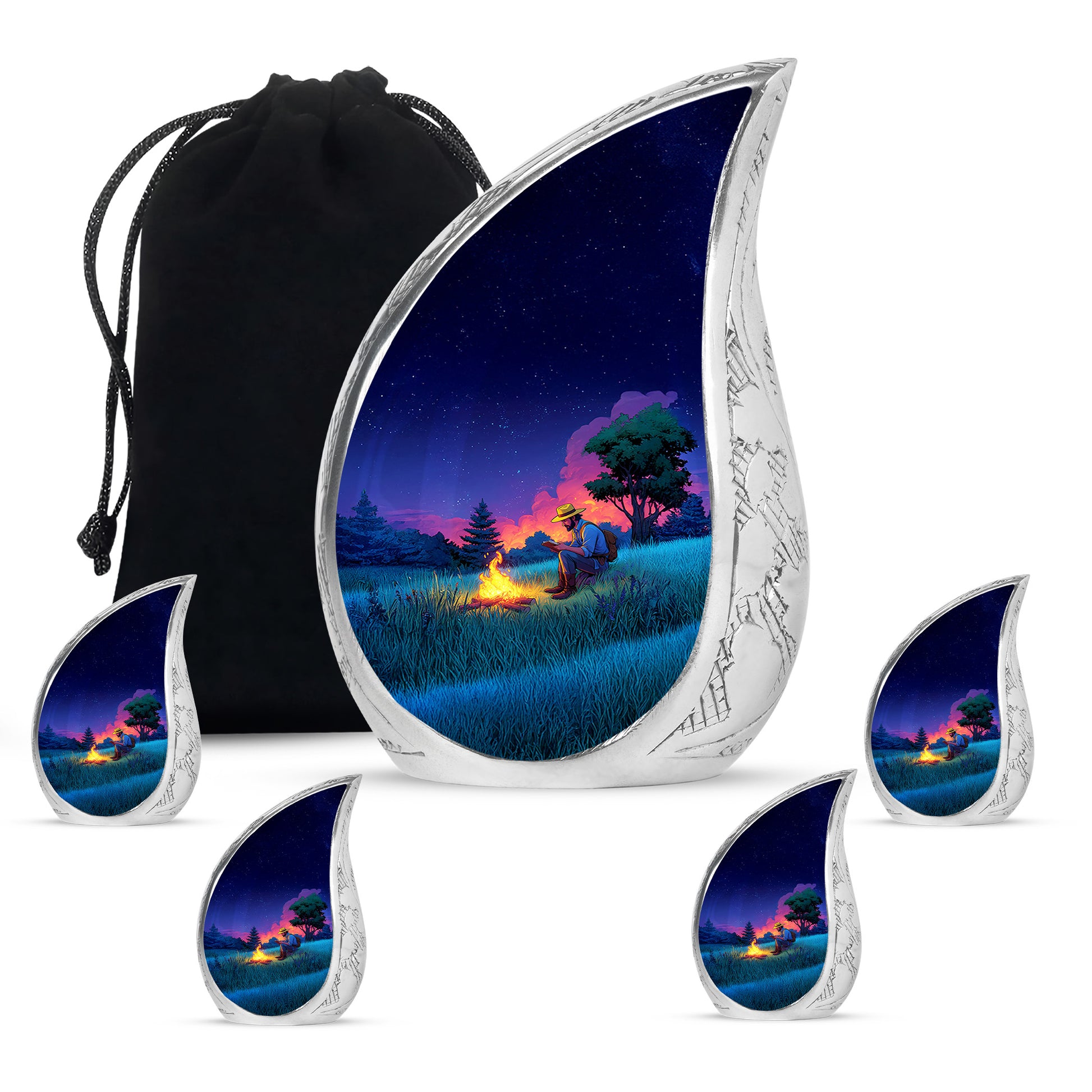 Calming Blue Campfire Cremation Urn side profile showing urn shape - graceful tear-shaped urn with campfire motif - memorial set with one large and four small urns