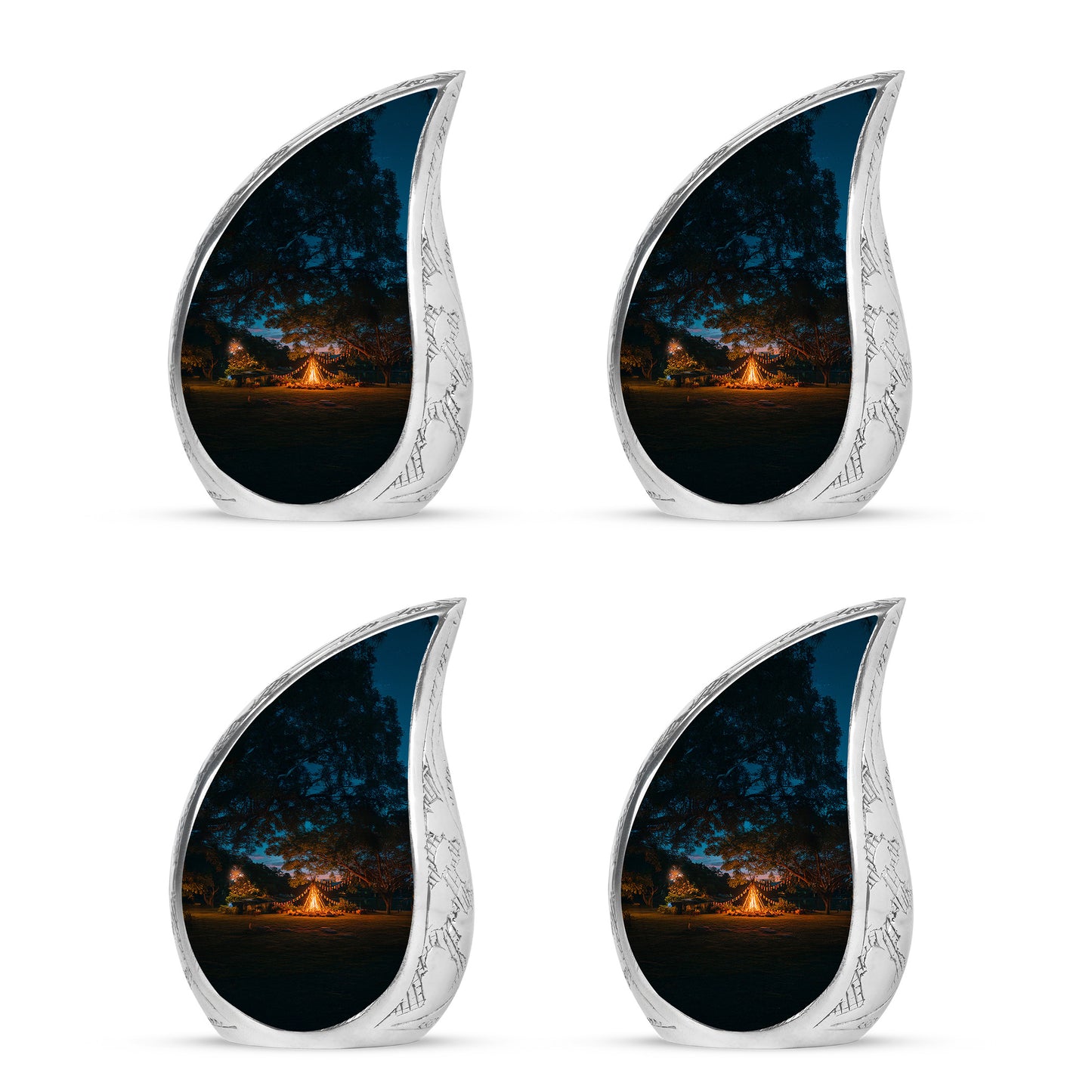 Cobalt Blue Campfire Cremation Urn close-up of engraving and surface detail - graceful tear-shaped urn with campfire motif - 10 inch aluminum urn for cremated remains