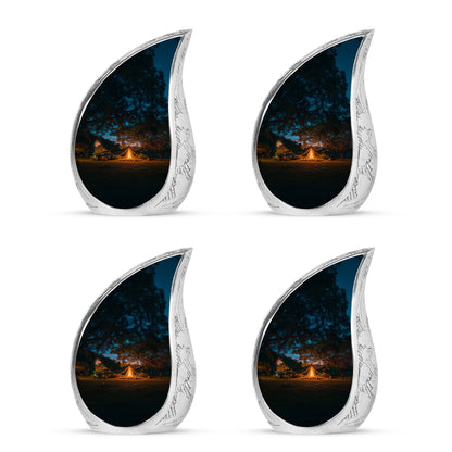 Cobalt Blue Campfire Cremation Urn close-up of engraving and surface detail - graceful tear-shaped urn with campfire motif - 10 inch aluminum urn for cremated remains