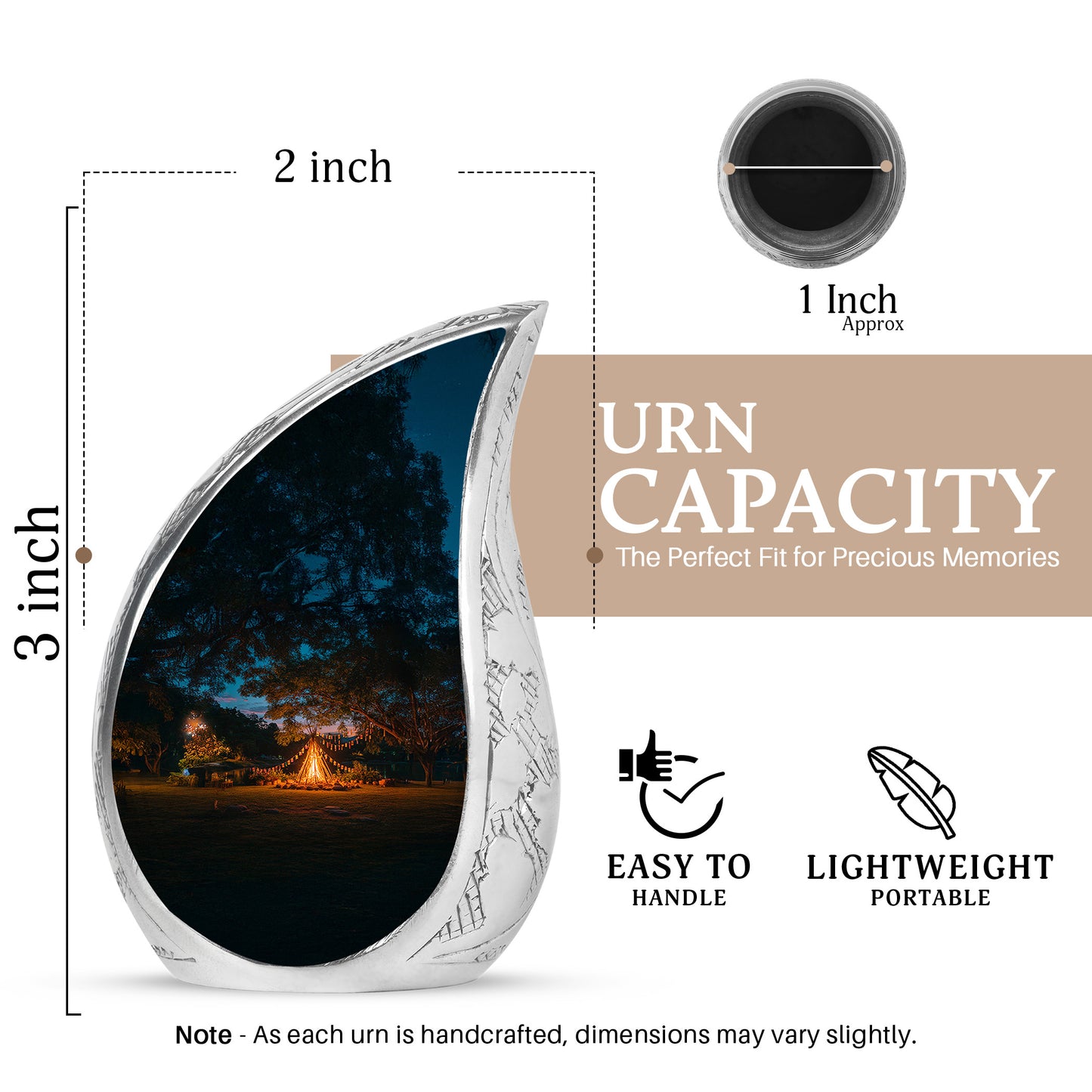 Twilight Blue Campfire Cremation Urn angled view of lid and engraved motif - graceful tear-shaped urn with campfire motif - mini keepsake memorial for portion of cremation ashes