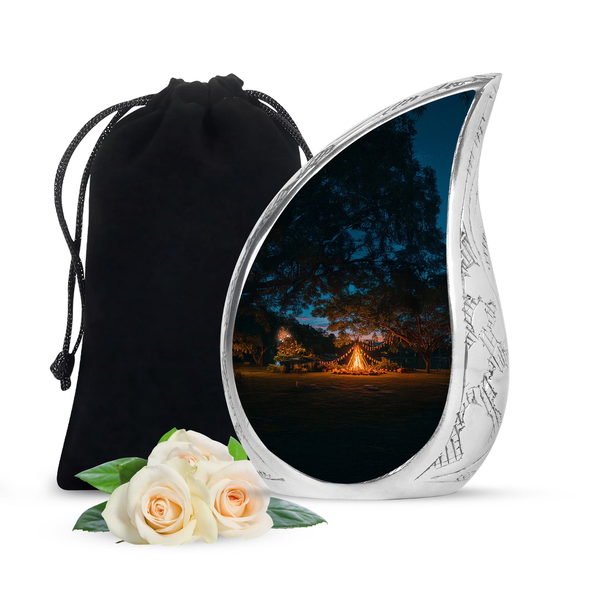 Soft Blue Campfire Cremation Urn front view showing detailed design - graceful tear-shaped urn with campfire motif - full-size 10 inch 200 cubic inch adult cremation urn