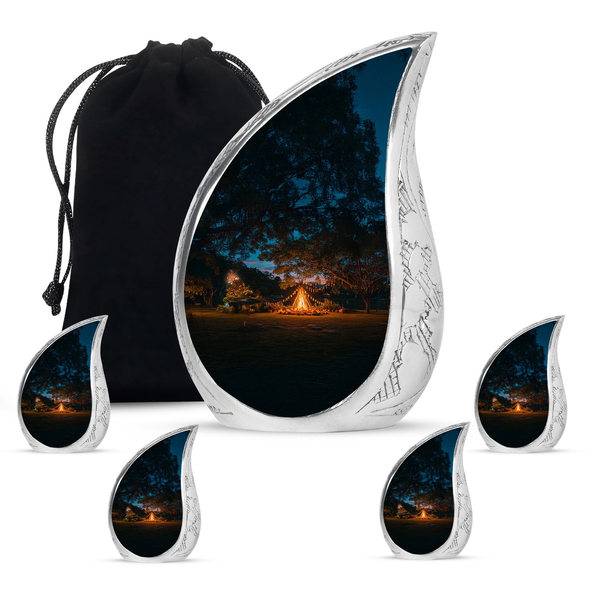 Bright Blue Campfire Cremation Urn side profile showing urn shape - graceful tear-shaped urn with campfire motif - memorial set with one large and four small urns