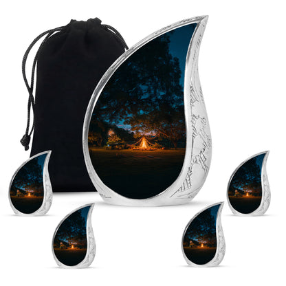 Bright Blue Campfire Cremation Urn side profile showing urn shape - graceful tear-shaped urn with campfire motif - memorial set with one large and four small urns