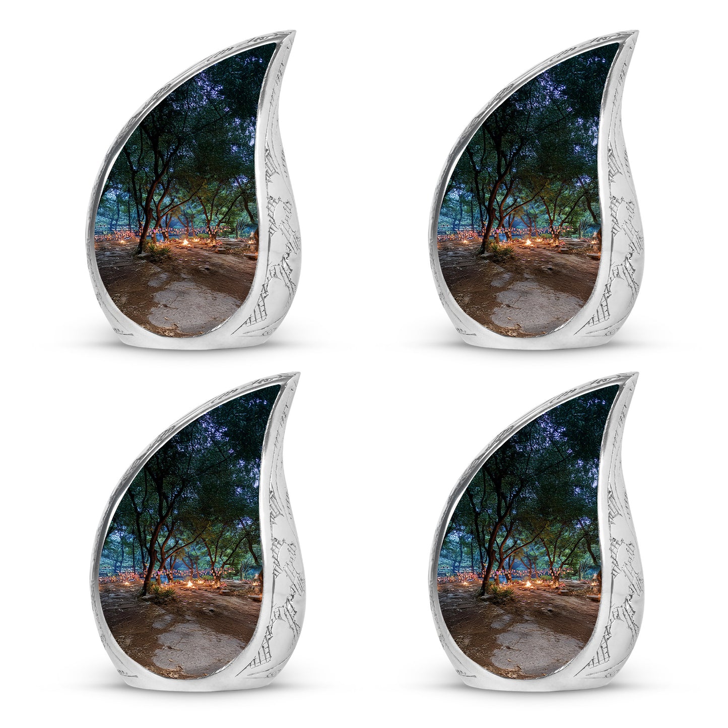 Obsidian Black Campfire Cremation Urn close-up of engraving and surface detail - graceful tear-shaped urn with campfire motif - 10 inch aluminum urn for cremated remains