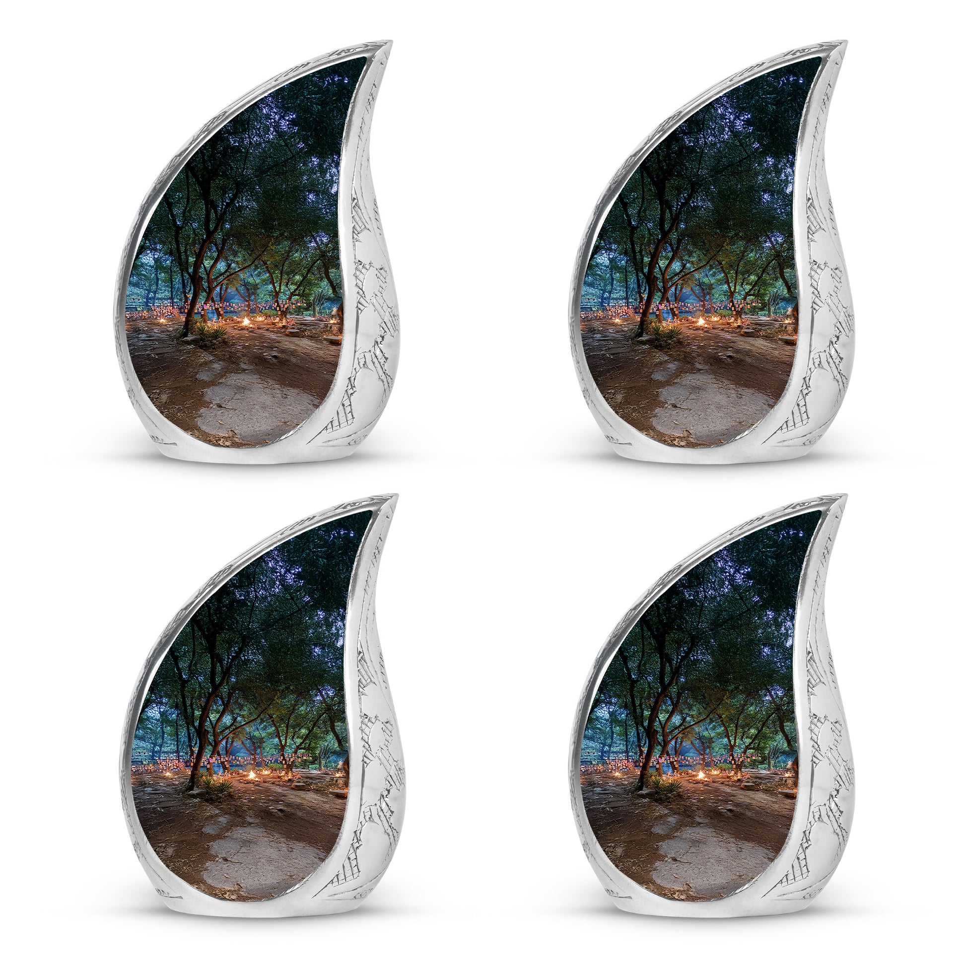 Obsidian Black Campfire Cremation Urn close-up of engraving and surface detail - graceful tear-shaped urn with campfire motif - 10 inch aluminum urn for cremated remains