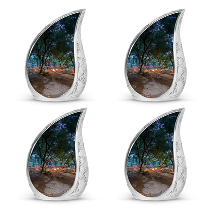 Obsidian Black Campfire Cremation Urn close-up of engraving and surface detail - graceful tear-shaped urn with campfire motif - 10 inch aluminum urn for cremated remains