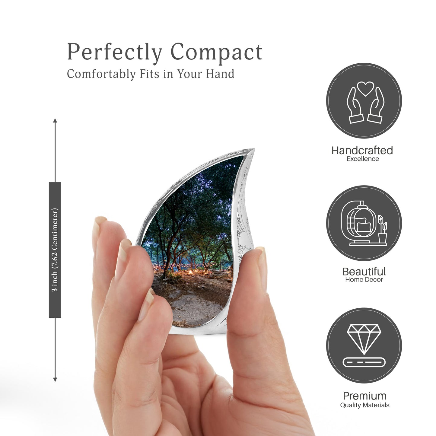 Midnight Black Campfire Cremation Urn angled view of lid and engraved motif - graceful tear-shaped urn with campfire motif - mini keepsake memorial for portion of cremation ashes