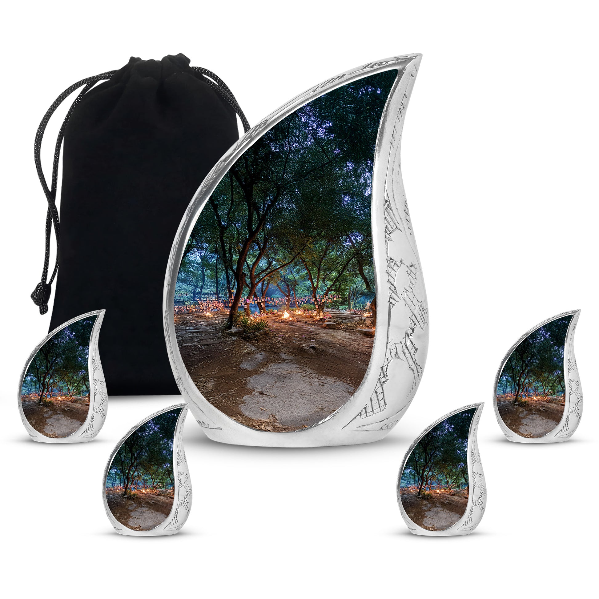 Midnight Black Campfire Cremation Urn side profile showing urn shape - graceful tear-shaped urn with campfire motif - memorial set with one large and four small urns