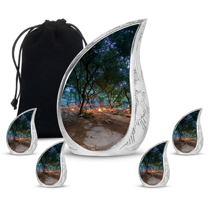 Midnight Black Campfire Cremation Urn side profile showing urn shape - graceful tear-shaped urn with campfire motif - memorial set with one large and four small urns