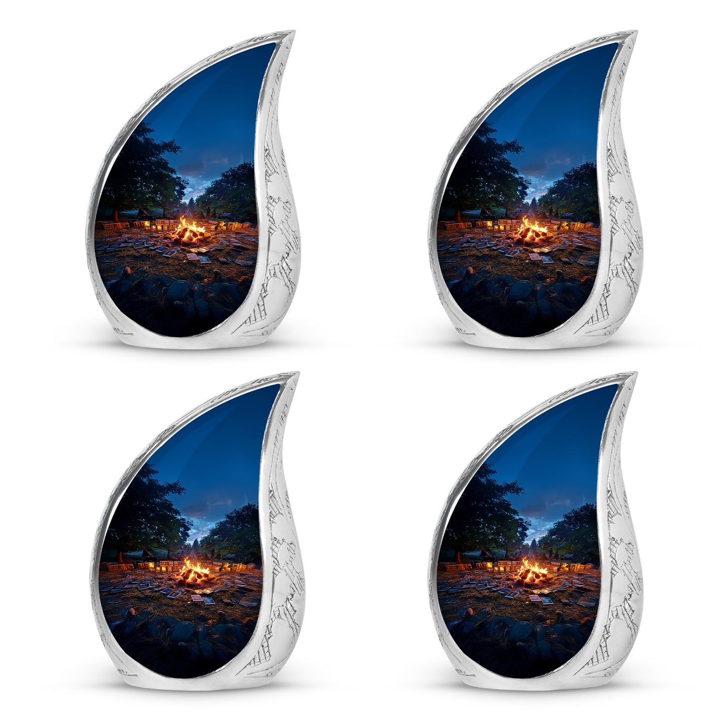 Misty Blue Campfire Cremation Urn close-up of engraving and surface detail - flowing teardrop campfire silhouette on curved aluminum - 10 inch aluminum urn for cremated remains