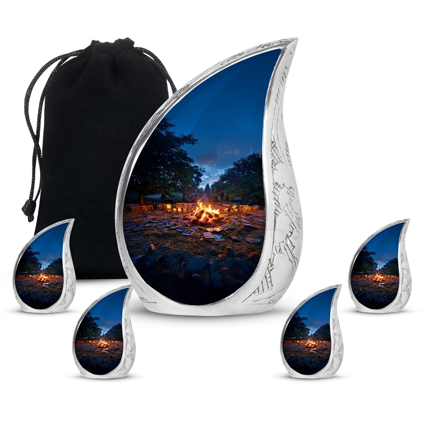 Steel Blue Campfire Cremation Urn side profile showing urn shape - graceful tear-shaped urn with campfire motif - memorial set with one large and four small urns