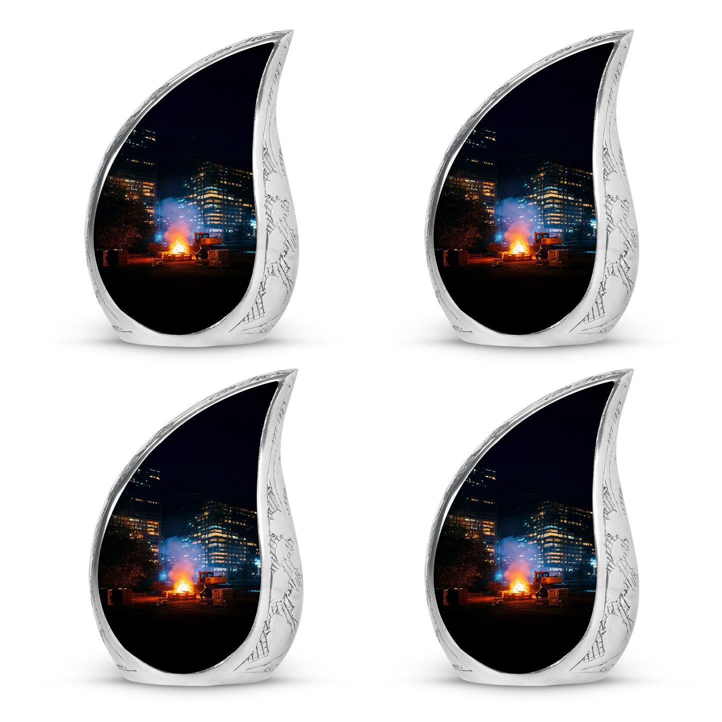 Glossy Black Campfire Cremation Urn close-up of engraving and surface detail - rounded teardrop campfire design with delicate detail - 10 inch aluminum urn for cremated remains