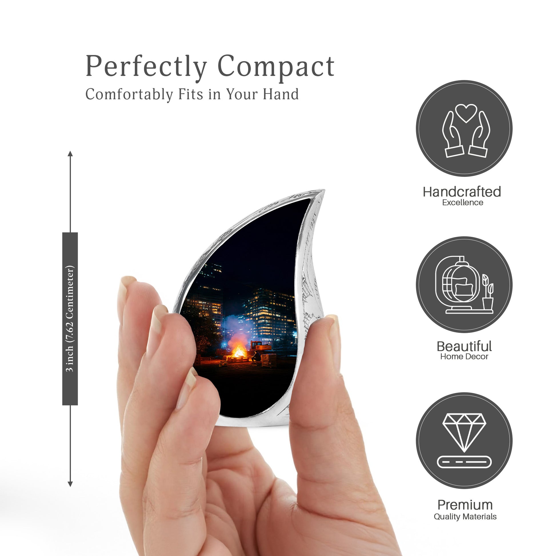 Ebony Campfire Cremation Urn angled view of lid and engraved motif - rounded teardrop campfire design with delicate detail - mini keepsake memorial for portion of cremation ashes