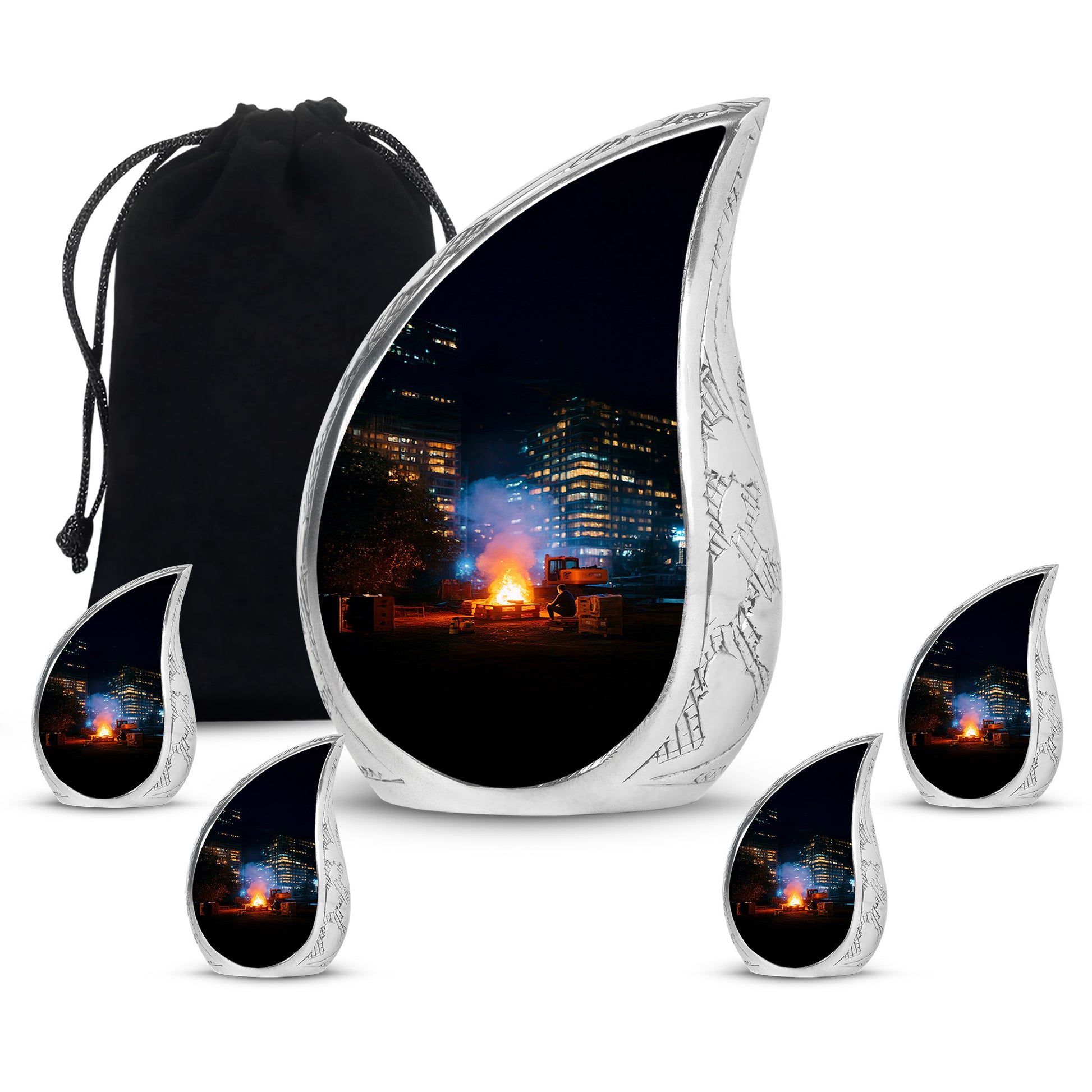 Onyx Black Campfire Cremation Urn side profile showing urn shape - smooth teardrop contour featuring campfire art - memorial set with one large and four small urns