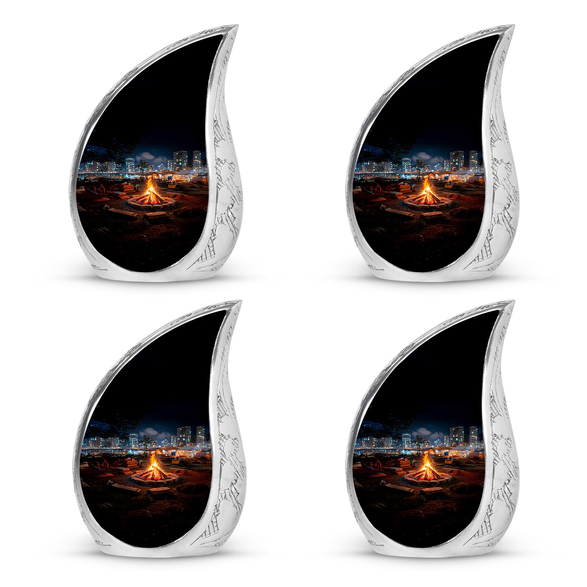 Glossy Black Campfire Cremation Urn close-up of engraving and surface detail - rounded teardrop campfire design with delicate detail - 10 inch aluminum urn for cremated remains
