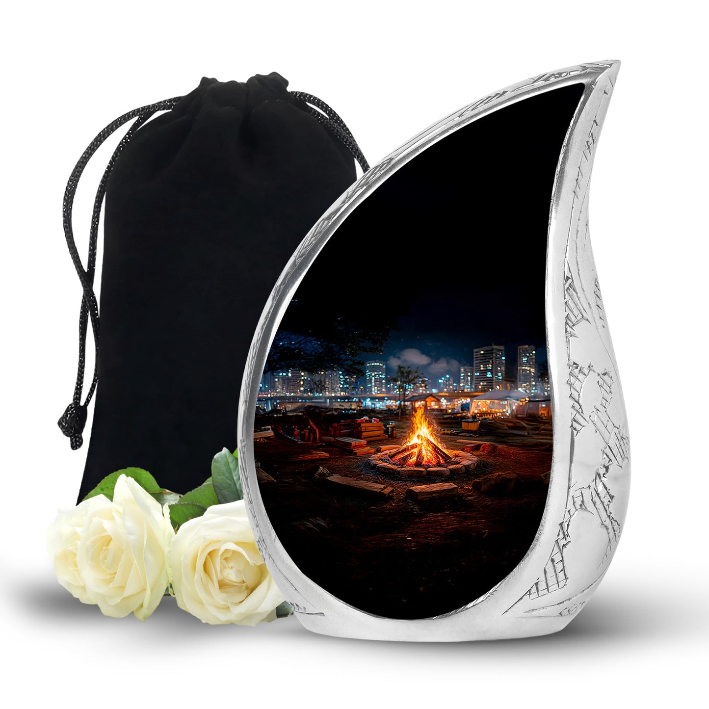 Deep Black Campfire Cremation Urn front view showing detailed design - rounded teardrop campfire design with delicate detail - full-size 10 inch 200 cubic inch adult cremation urn