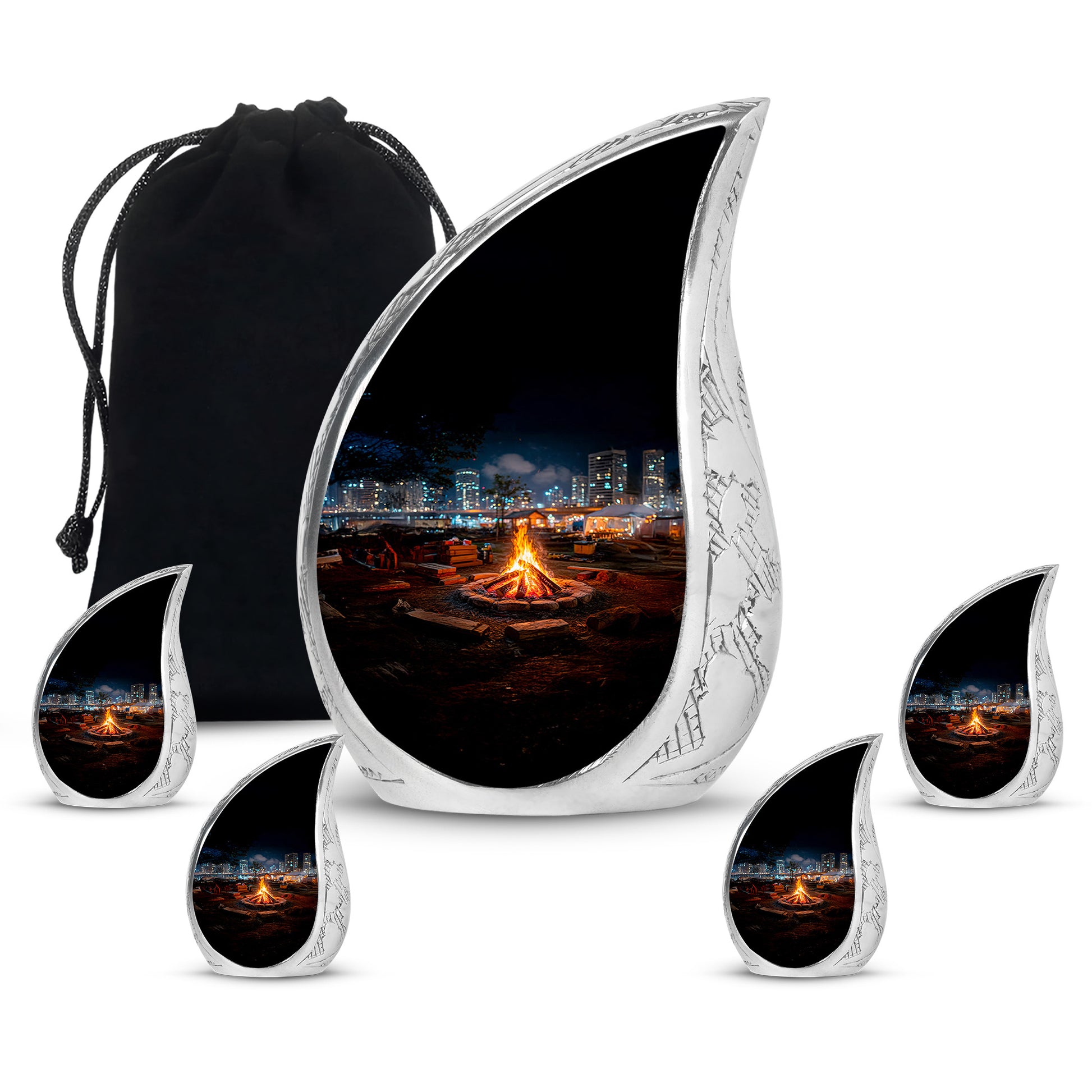 Glossy Black Campfire Cremation Urn side profile showing urn shape - rounded teardrop campfire design with delicate detail - memorial set with one large and four small urns