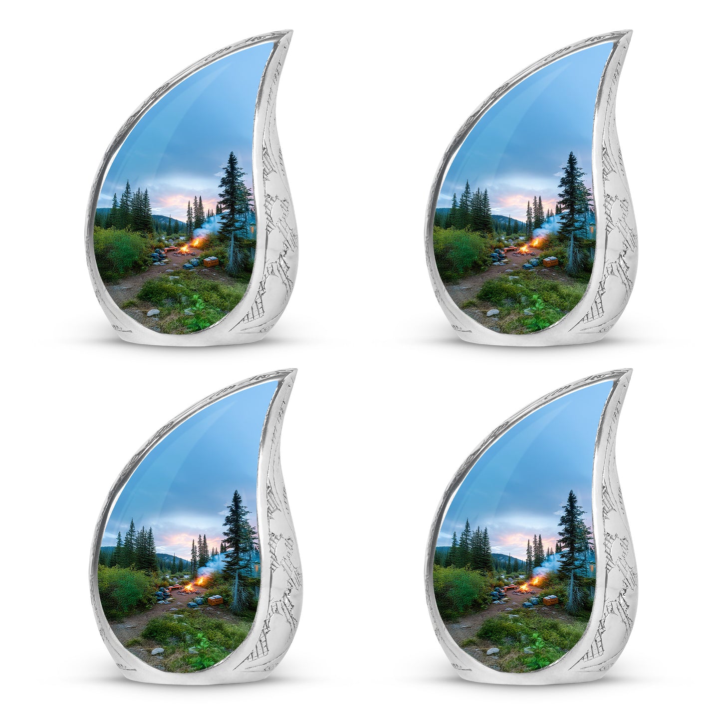 Pastel Blue Campfire Cremation Urn close-up of engraving and surface detail - flowing teardrop campfire silhouette on curved aluminum - 10 inch aluminum urn for cremated remains