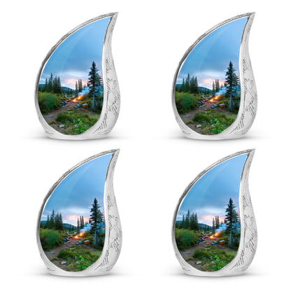 Pastel Blue Campfire Cremation Urn close-up of engraving and surface detail - flowing teardrop campfire silhouette on curved aluminum - 10 inch aluminum urn for cremated remains