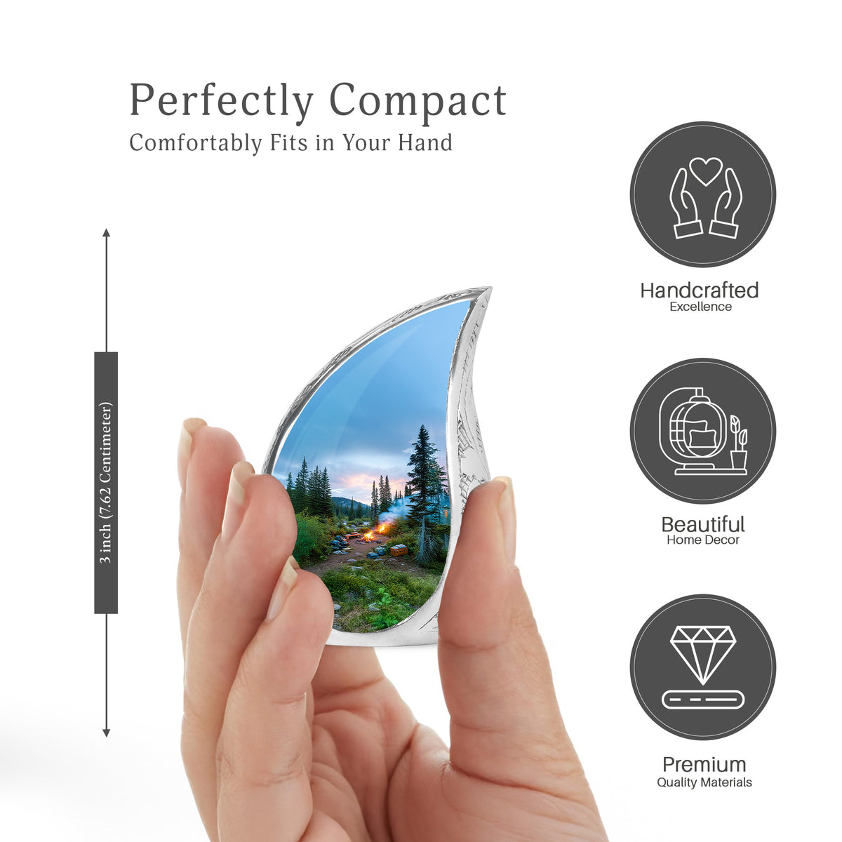 Calming Blue Campfire Cremation Urn angled view of lid and engraved motif - graceful tear-shaped urn with campfire motif - mini keepsake memorial for portion of cremation ashes