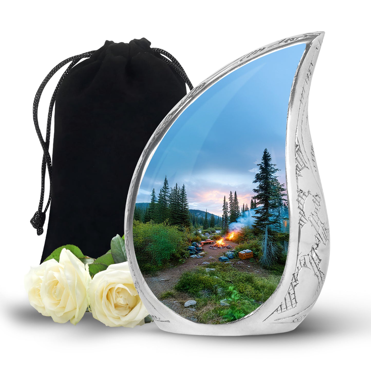 Cornflower Blue Campfire Cremation Urn front view showing detailed design - graceful tear-shaped urn with campfire motif - full-size 10 inch 200 cubic inch adult cremation urn