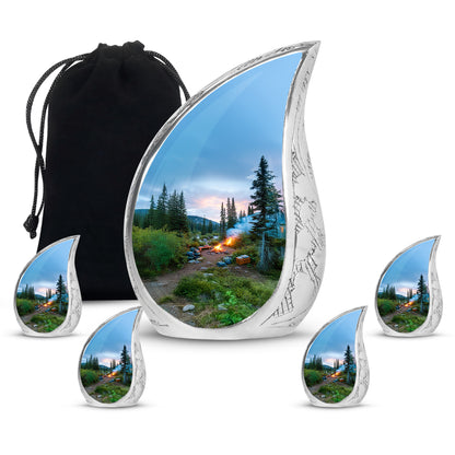 Sky Blue Campfire Cremation Urn side profile showing urn shape - rounded teardrop campfire design with delicate detail - memorial set with one large and four small urns