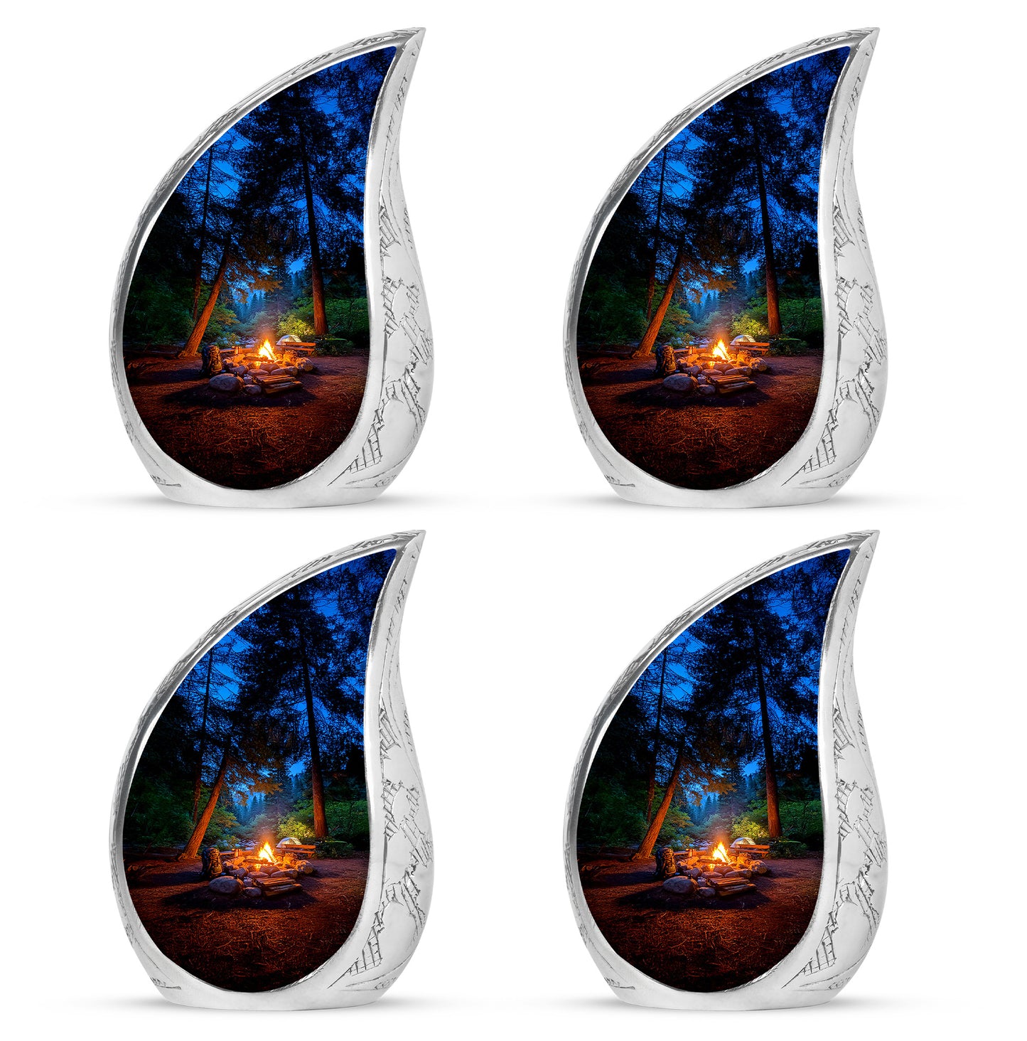 Serene Blue Campfire Cremation Urn close-up of engraving and surface detail - smooth teardrop contour featuring campfire art - 10 inch aluminum urn for cremated remains