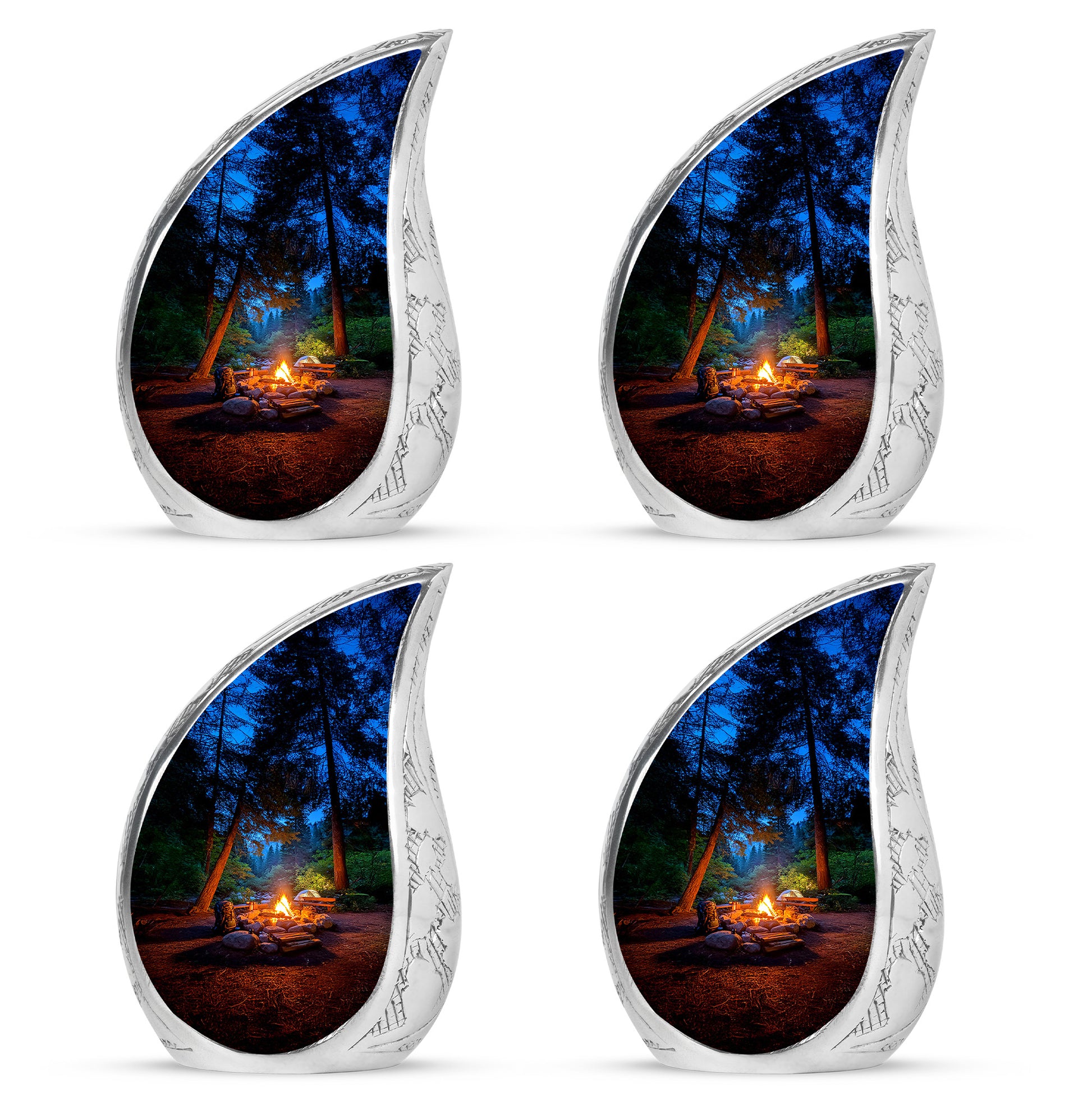 Serene Blue Campfire Cremation Urn close-up of engraving and surface detail - smooth teardrop contour featuring campfire art - 10 inch aluminum urn for cremated remains
