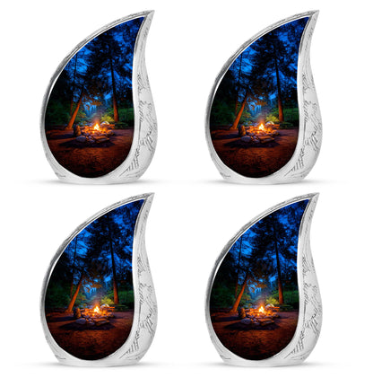 Serene Blue Campfire Cremation Urn close-up of engraving and surface detail - smooth teardrop contour featuring campfire art - 10 inch aluminum urn for cremated remains