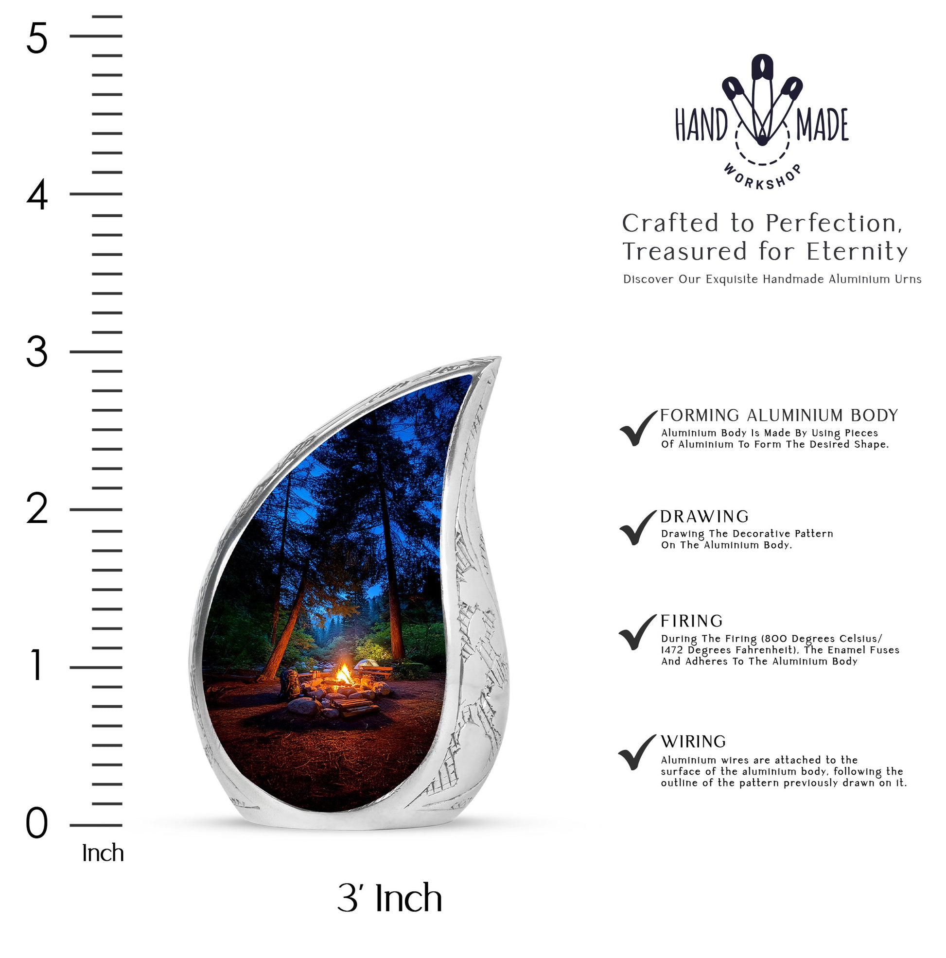 Misty Blue Campfire Cremation Urn angled view of lid and engraved motif - flowing teardrop campfire silhouette on curved aluminum - mini keepsake memorial for portion of cremation ashes