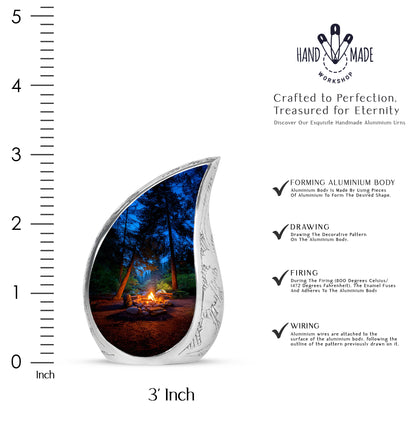 Misty Blue Campfire Cremation Urn angled view of lid and engraved motif - flowing teardrop campfire silhouette on curved aluminum - mini keepsake memorial for portion of cremation ashes