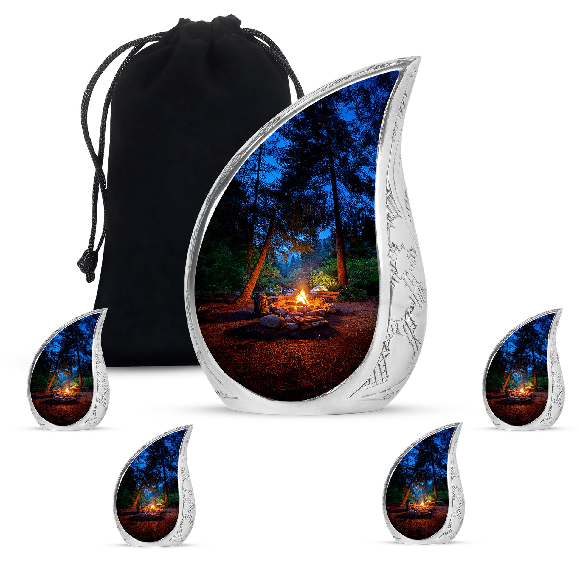 Sky Blue Campfire Cremation Urn side profile showing urn shape - rounded teardrop campfire design with delicate detail - memorial set with one large and four small urns