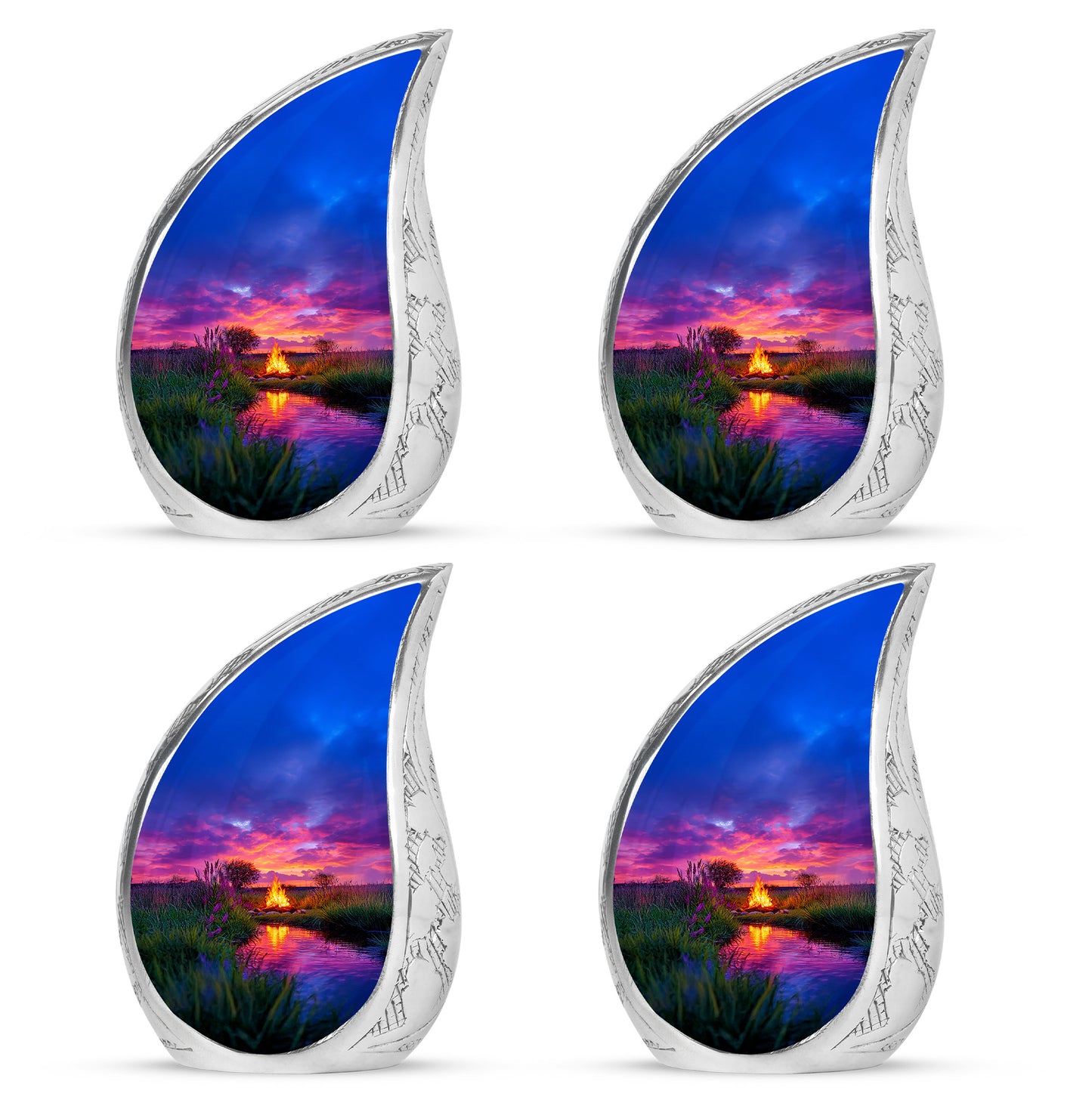 Vivid Blue Campfire Cremation Urn close-up of engraving and surface detail - smooth teardrop contour featuring campfire art - 10 inch aluminum urn for cremated remains