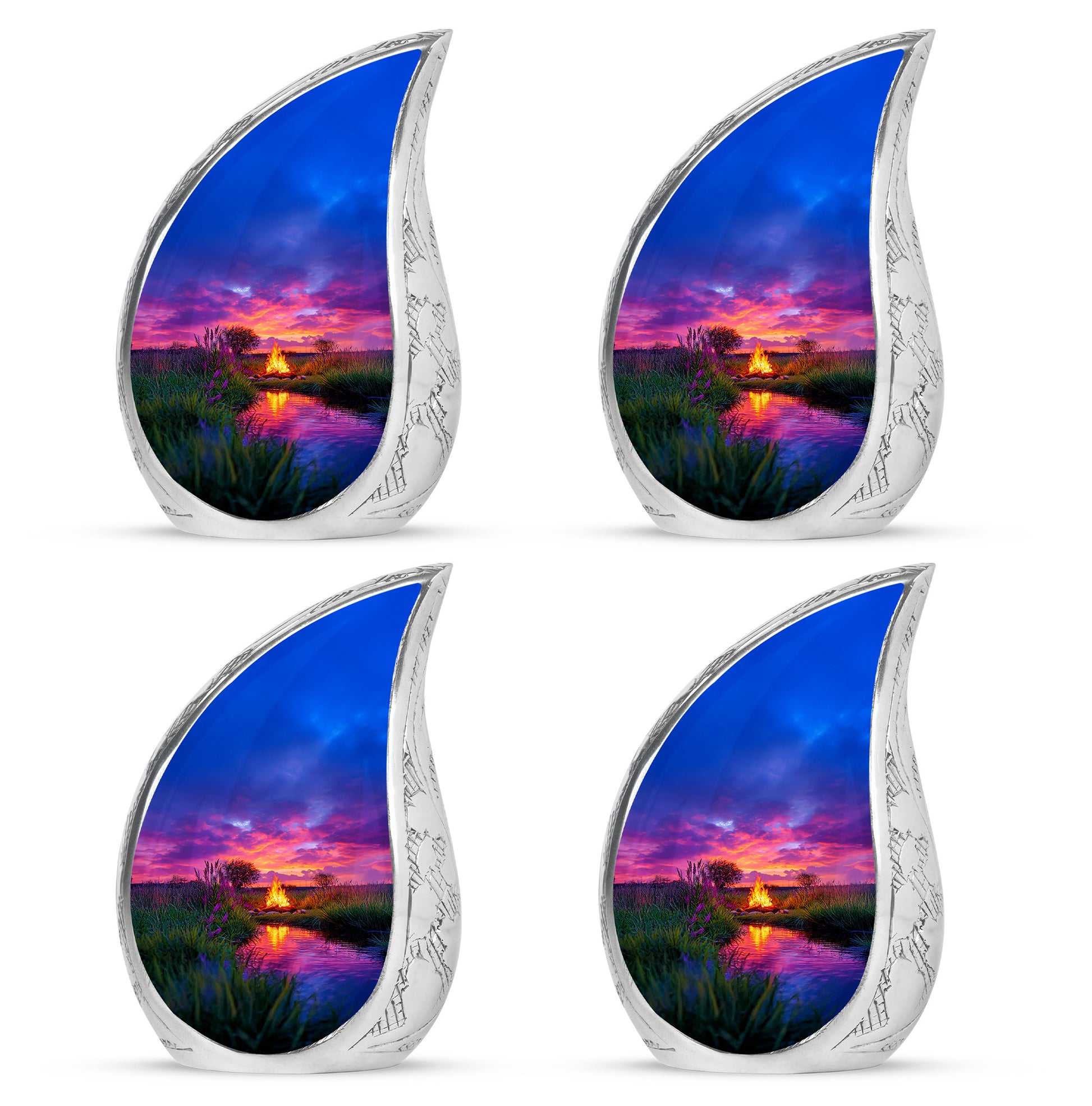 Vivid Blue Campfire Cremation Urn close-up of engraving and surface detail - smooth teardrop contour featuring campfire art - 10 inch aluminum urn for cremated remains