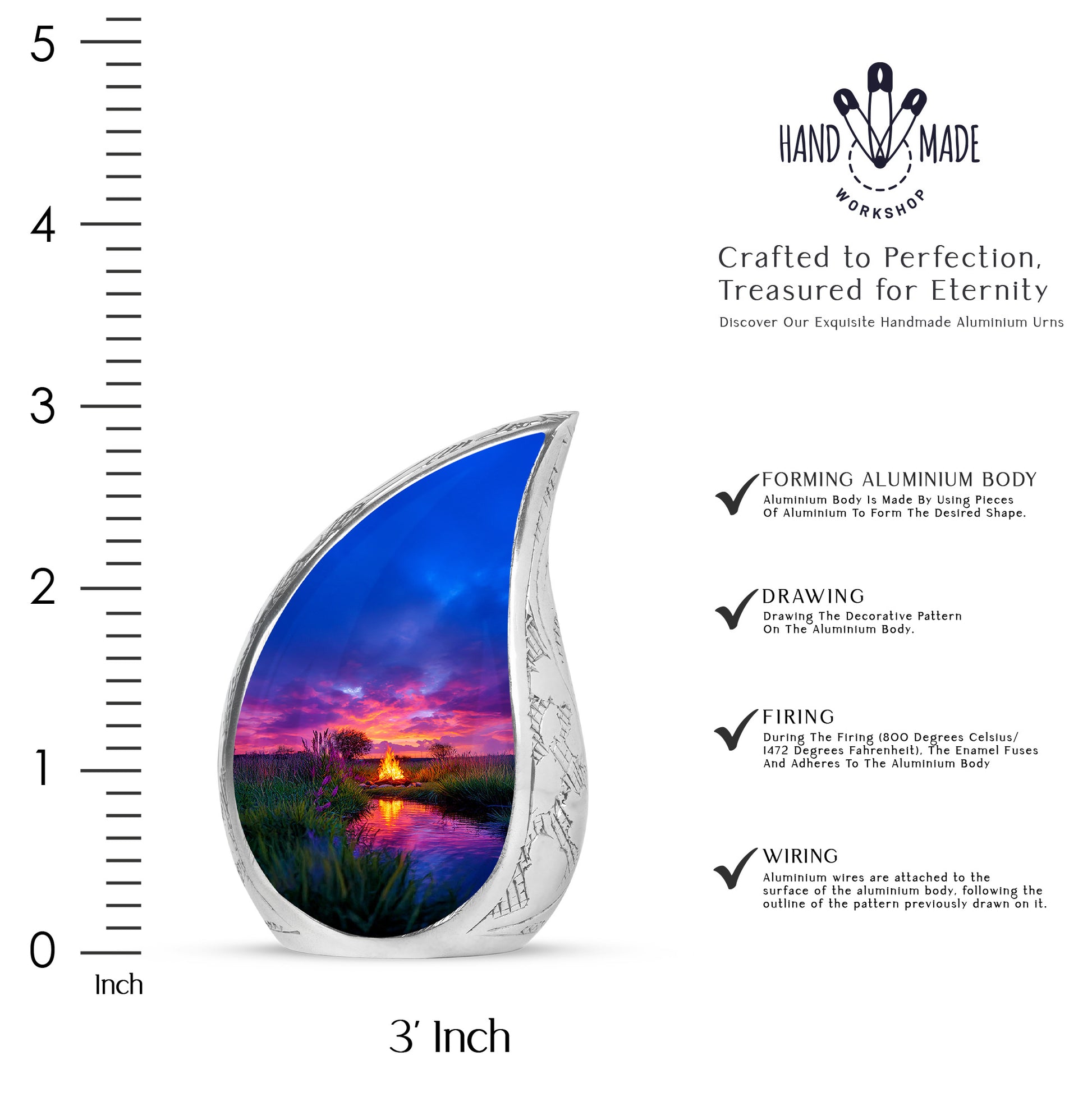 Twilight Blue Campfire Cremation Urn angled view of lid and engraved motif - graceful tear-shaped urn with campfire motif - mini keepsake memorial for portion of cremation ashes