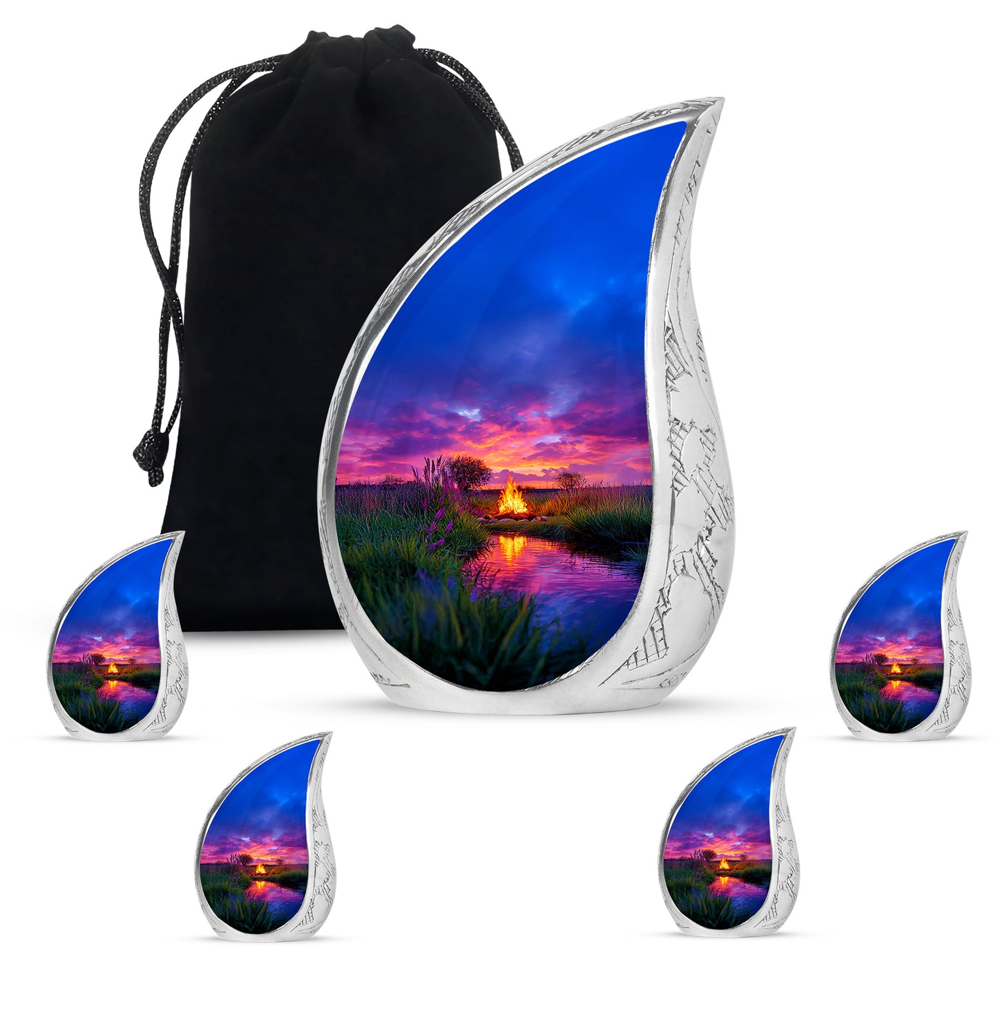 Twilight Blue Campfire Cremation Urn side profile showing urn shape - graceful tear-shaped urn with campfire motif - memorial set with one large and four small urns
