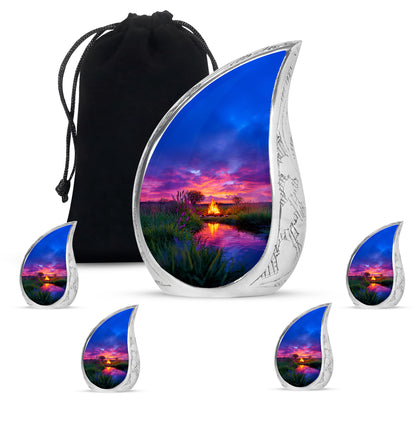 Twilight Blue Campfire Cremation Urn side profile showing urn shape - graceful tear-shaped urn with campfire motif - memorial set with one large and four small urns