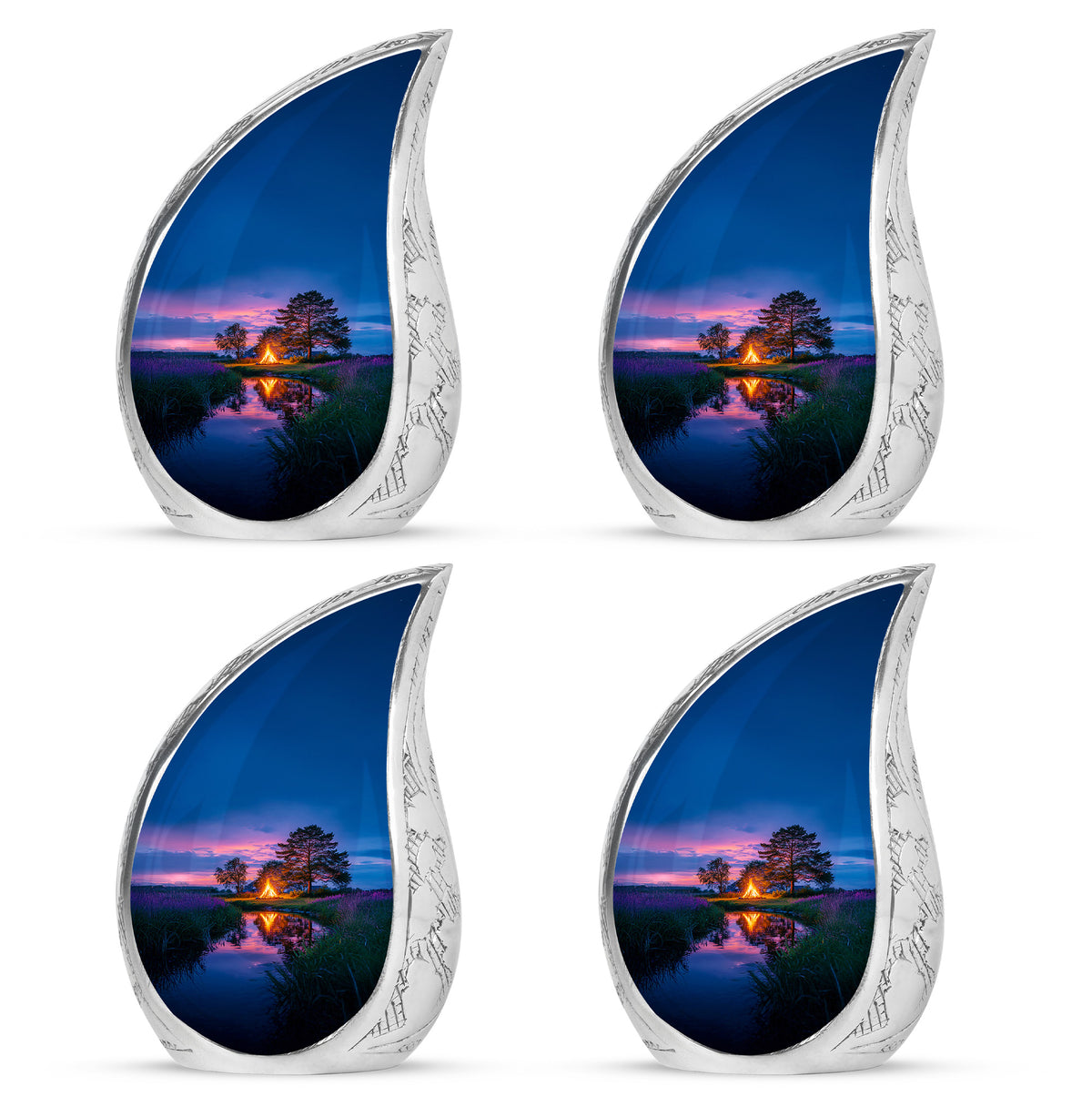 Indigo Campfire Cremation Urn close-up of engraving and surface detail - rounded teardrop campfire design with delicate detail - 10 inch aluminum urn for cremated remains