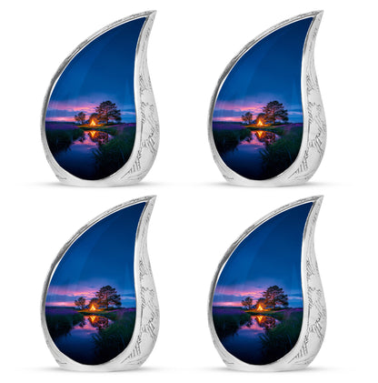 Indigo Campfire Cremation Urn close-up of engraving and surface detail - rounded teardrop campfire design with delicate detail - 10 inch aluminum urn for cremated remains