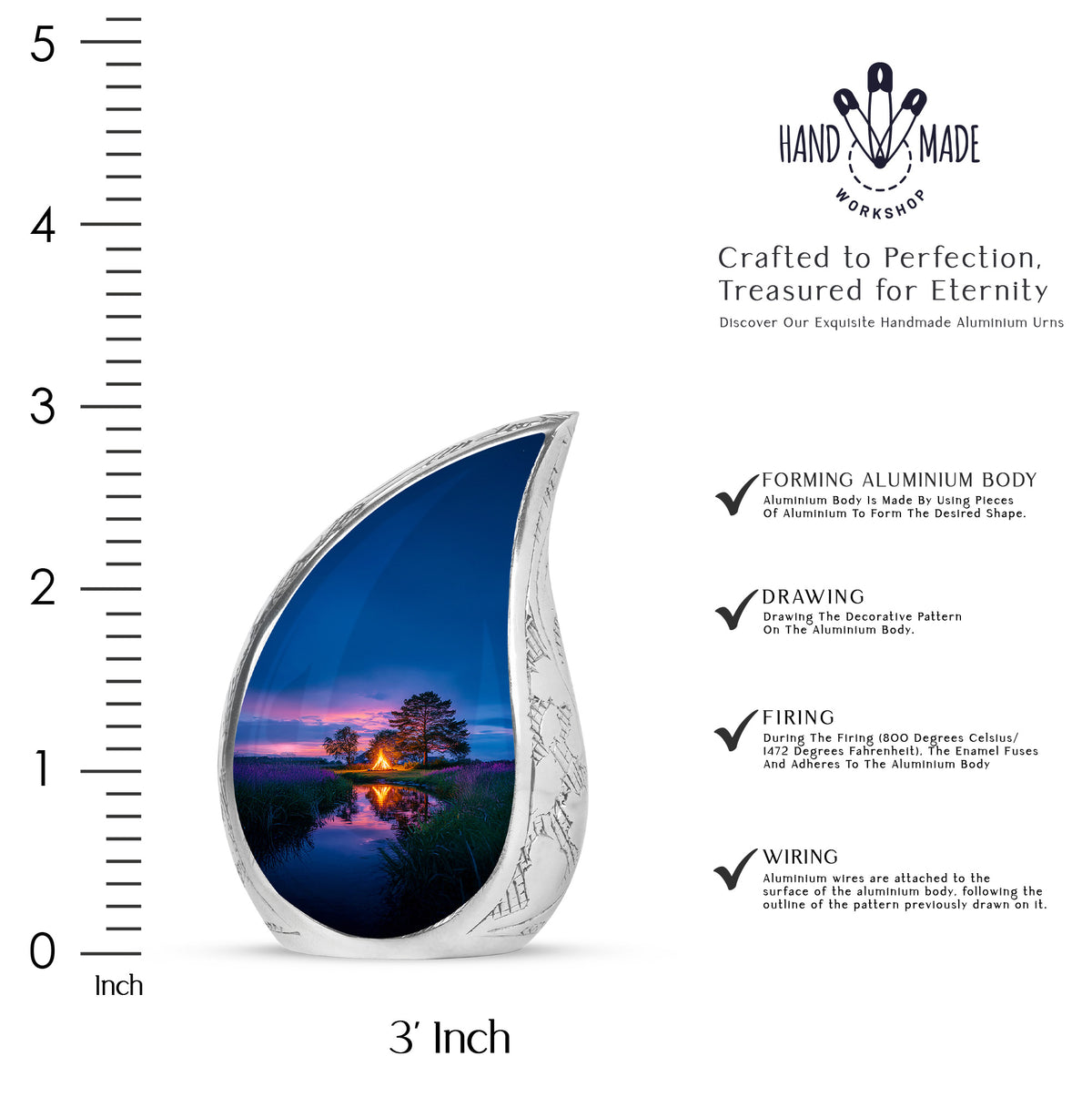 Vivid Blue Campfire Cremation Urn angled view of lid and engraved motif - graceful tear-shaped urn with campfire motif - mini keepsake memorial for portion of cremation ashes