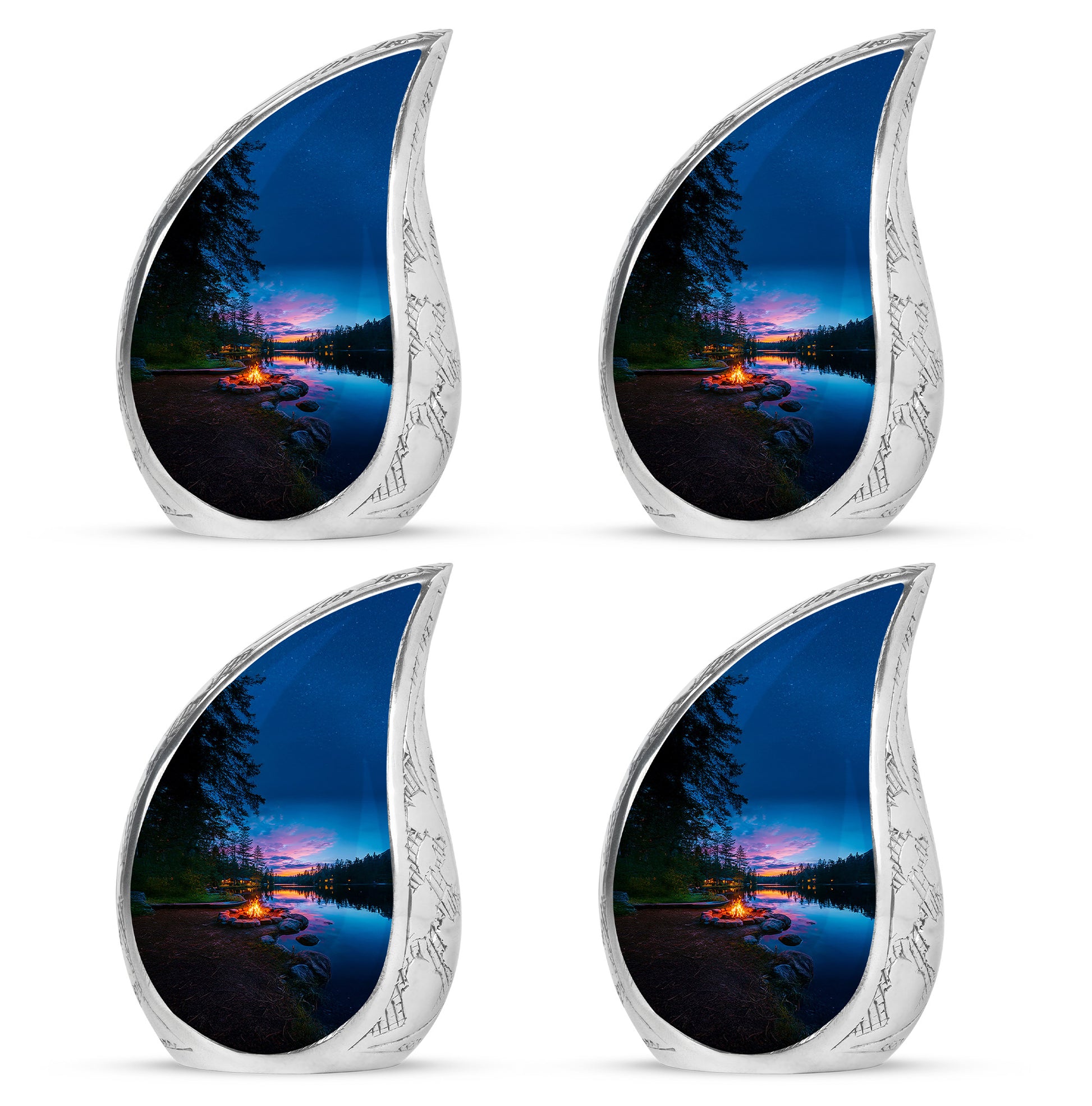 Steel Blue Campfire Cremation Urn close-up of engraving and surface detail - smooth teardrop contour featuring campfire art - 10 inch aluminum urn for cremated remains