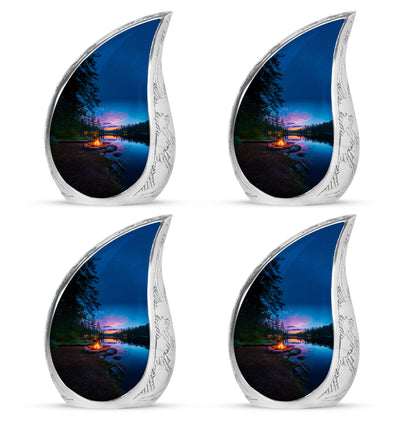 Steel Blue Campfire Cremation Urn close-up of engraving and surface detail - smooth teardrop contour featuring campfire art - 10 inch aluminum urn for cremated remains